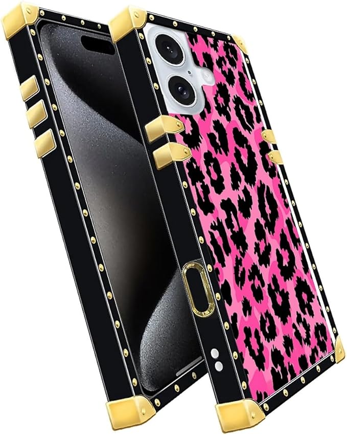 Compatible with iPhone 16 Plus Case, Pink Black Leopard Luxury Golden Decoration for Girl Women Soft TPU Shockproof Protective Hard PC Back