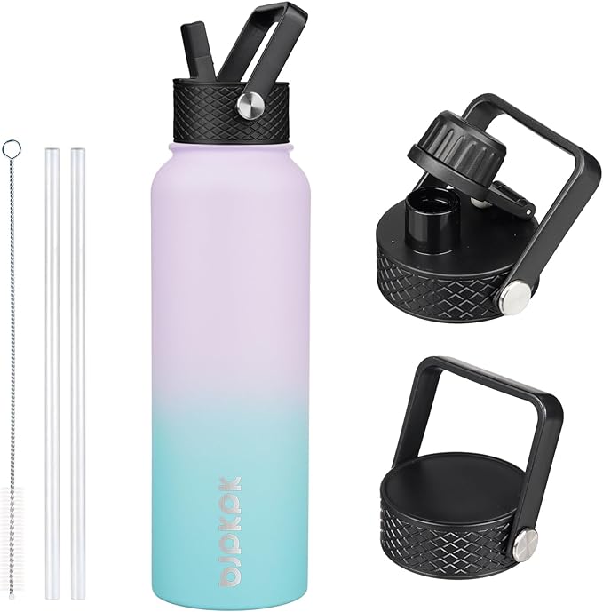 BJPKPK Insulated Water Bottles with Straw Lid, 40oz Stainless Steel Water Bottles with 3 Lids, BPA Free Leakproof Thermo, Tumblers, Cups for Sports, Gym- Lavender Green