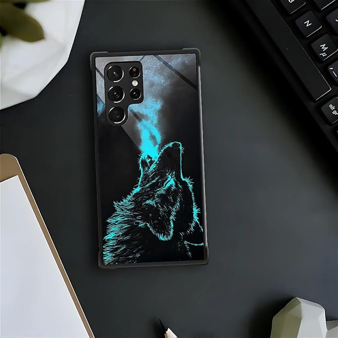 for Samsung Galaxy S23 Ultra Case, Blue Breathing Wolf Pattern Graphic Design Girl Boy Soft Silicone Hard Acrylic Shock Protection for Samsung Galaxy S23 Ultra