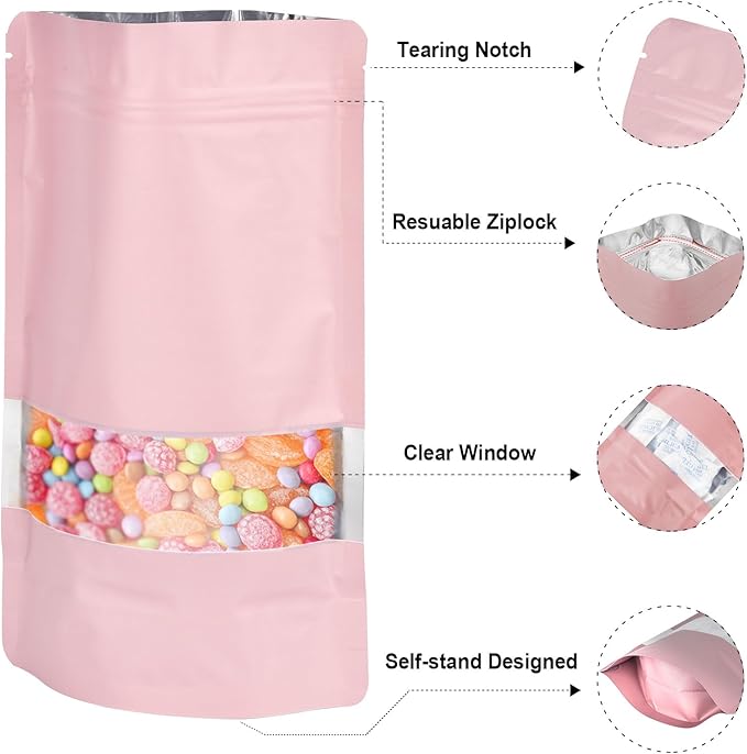 3.5"x5" 120pcs Mylar Bags for Food Storage,Smell Proof Bag with Matte Window Resealable Food Storage Bags for Small Business, Stand-up Foil Pouch Packaging Freeze Dried Candy Bag(Pink)
