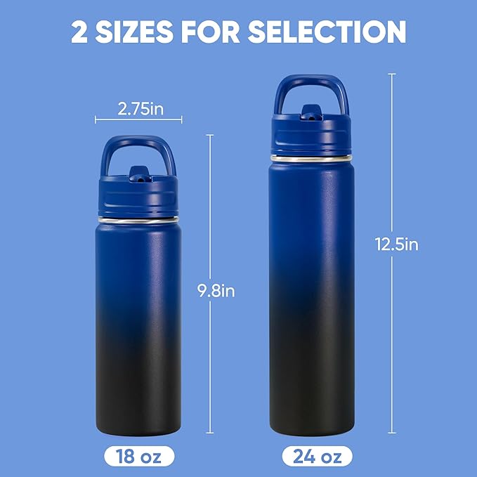 Fijinhom 18oz Insulated Stainless Steel Water Bottle with Straws, Double Wall Vacuum Insulated Bottles, Metal Thermo for Travel, Sports, Leak-Proof, BPA Free, Women & Men, Blue Gradient