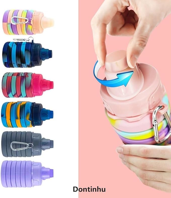 Collapsible Water Bottles 4 PackTravel water bottle Sports Portable Water Bottle Reusable silicone Water Bottles 500ml. (Grey+Purple+Blue+Pink)