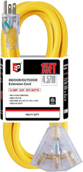 EP 15 Ft 12 Gauge Heavy Duty Extension Cord, 15A 125V 1875W, 3 Outlet Indoor/Outdoor Power Cord with Lighted End, 12/3 SJTW Weatherproof Yellow, UL Listed