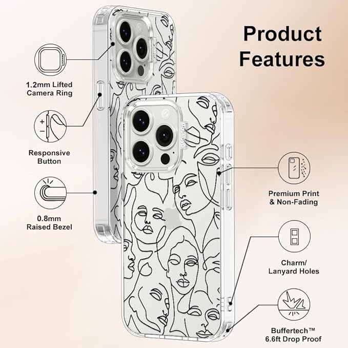 MOSNOVO Case for iPhone 15 Pro, [Buffertech 6.6ft Military-Grade Drop Protection] [Anti Peel Off Tech] Clear TPU Bumper Phone Case Cover Design - Abstract Face Line Art