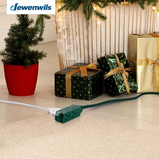 DEWENWILS 3 Outlet Flat Extension Cord Plug Christmas, 3FT 16/3 Awg Grounded Power Cable for Indoor Use, SPT-3 Cord, Green, ETL Listed, 2 Pack