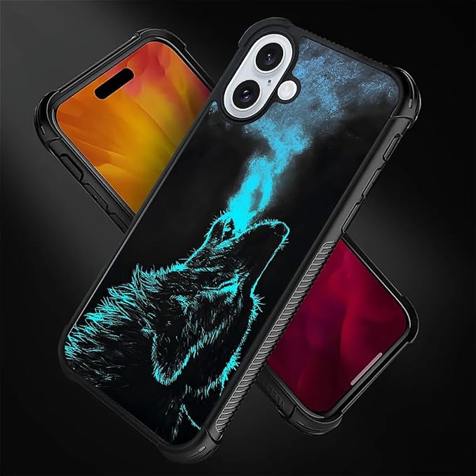 for iPhone 16 Case, Blue Breathing Wolf Pattern Graphic Design Girl Boy Soft Silicone Hard Acrylic Shock Protection for iPhone 16
