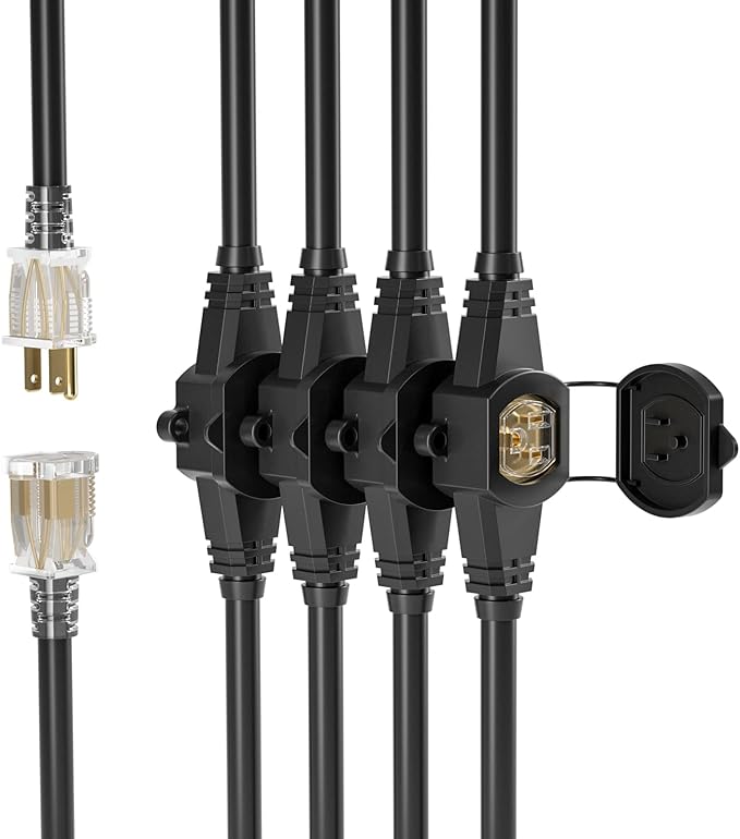 25FT Power Extension Cord - 3 Prong, 14 Gauge SJTW 5-15R Cable - Male Plug to Female Connector - 5 Outlet - Multiple Evenly-Spaced Plug - Suitable for Stage Setting or Outdoor - UL Certified