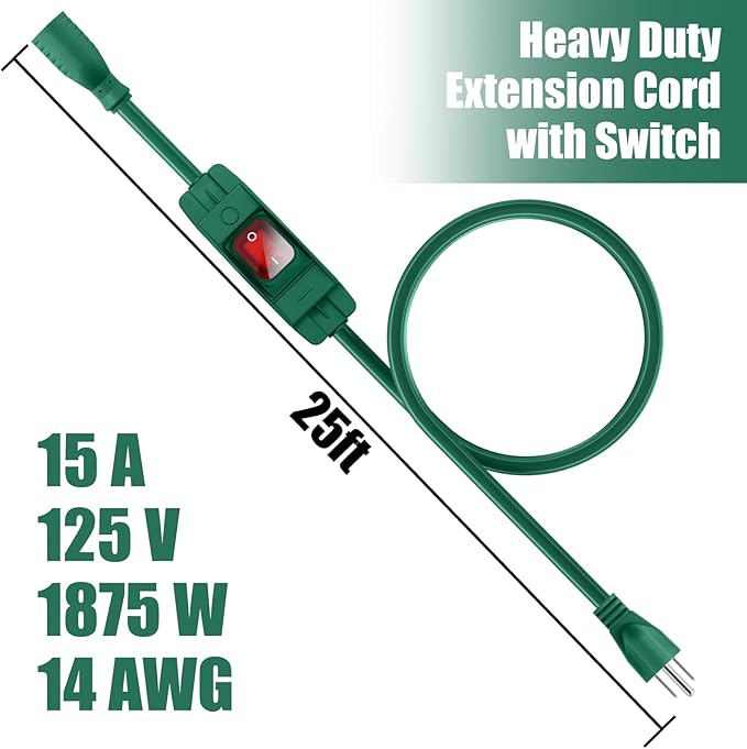 Extension Cord with Switch On/Off Waterproof Switch 25Ft No Plugging and Unplugging Invintage Stereo Devices Without Built-in Power Switch (25 FT, Green)