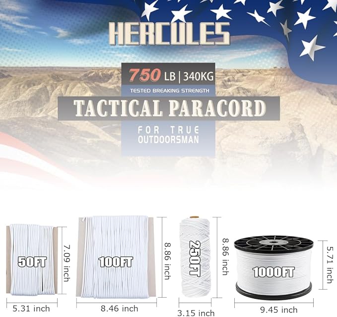HERCULES 750lb Paracord 4mm 11 Strands Tactical Parachute Cord, 50' 100' 250' 1000' Utility Rope for Camping, Survival, Outdoor Gear (White, 50FT)