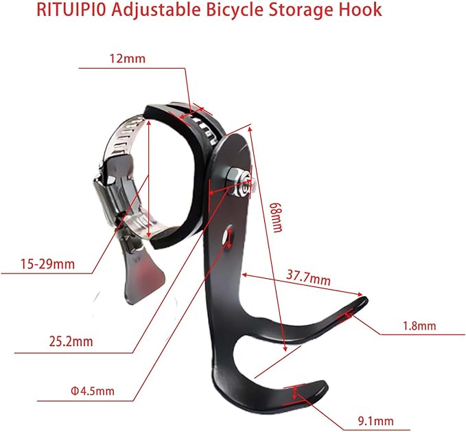 Adjustable Handlebar Hook Mount, Universal Pole Storage Hook, Black Metal Clamp Design (Single, 1pc)