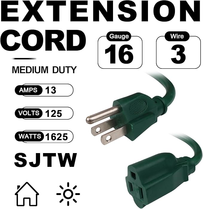 EP 75FT Green Outdoor Extension Cord, 16/3 SJTW Heavy Duty Waterproof, 3 Prong Grounded Plug, 13A 1625W 16AWG, Cold-Resistant Flexible Power Cable for Garden, Home, Christmas Lights