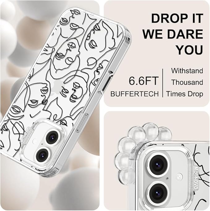 MOSNOVO Case for iPhone 16, [Buffertech 6.6ft Military-Grade Drop Protection] [Anti Peel Off Tech] Clear TPU Bumper Phone Case Cover Design - Abstract Face Line Art