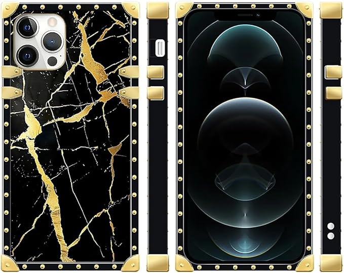 Compatible with iPhone 12 Case, Black Gold Marble Nature Luxury Golden Decoration for Girl Women Soft TPU Shockproof Protective Hard PC Back for iPhone 12 Pro