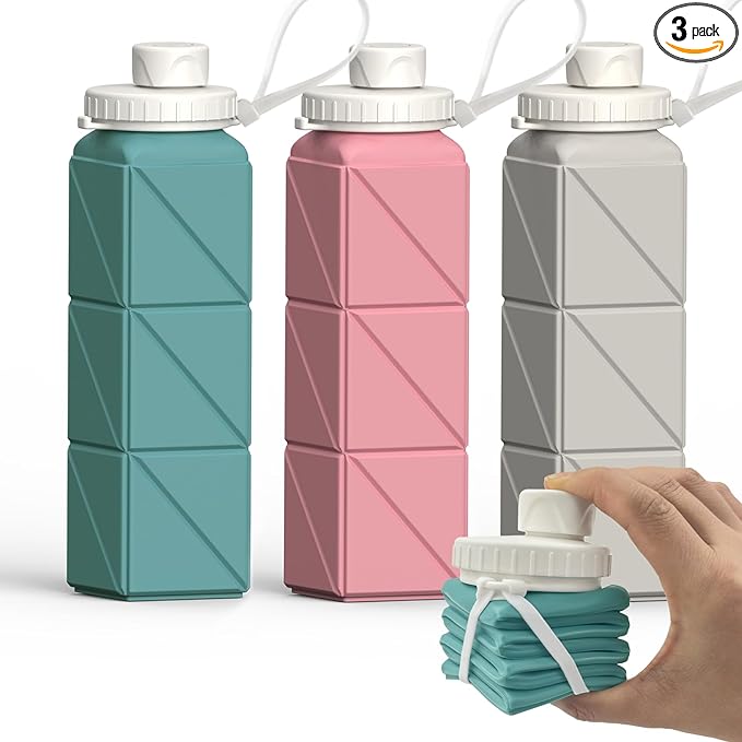 BEAUTAIL Collapsible Water Bottles 20.6oz, Silicone Foldable Portable Travel Water Bottle, BPA-Free, Leakproof Reusable for Traveling Camping Hiking Sports Outdoor, 3 Pack (Blue+Pink+Starlight)