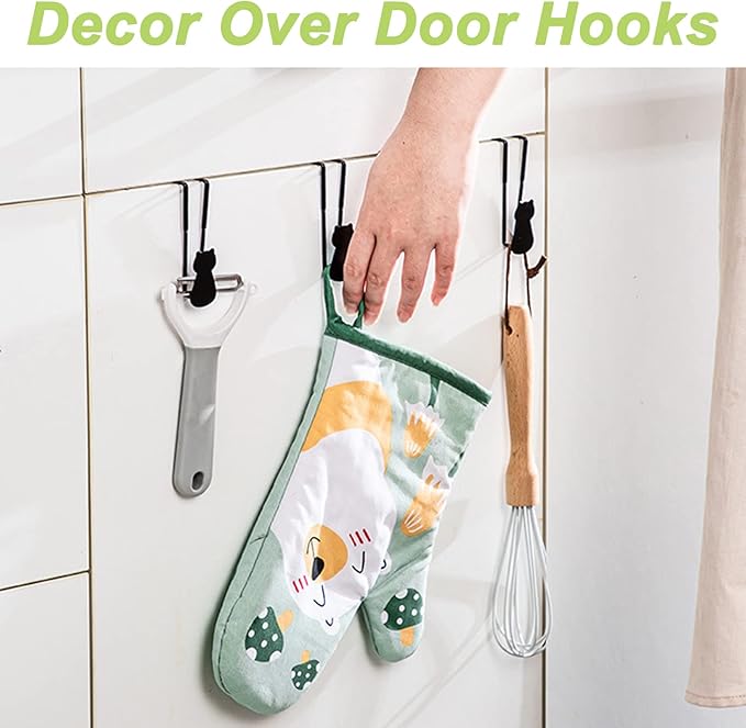 Over Cabinet Door Hooks, 6Pcs Iron Over Door Single Hooks Decorative Cat Over The Cupboard Drawer Hooks Multi-Purpose Hooks for Kitchen Bathroom Bedroom (Black)