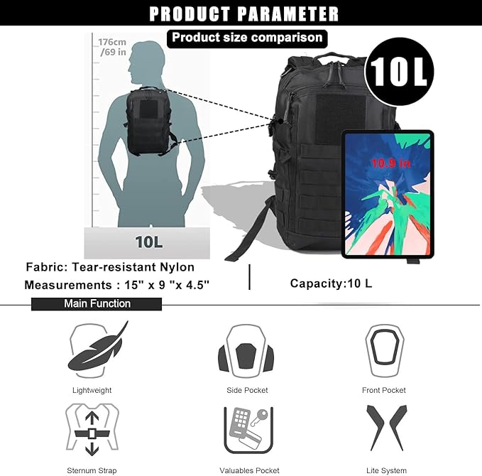 Miramrax 12L Small Backpack Day Pack - Mini Tactical Backpacks Military Daypack Molle Bag Rucksack Bug Out Bag for Hiking (Grey)