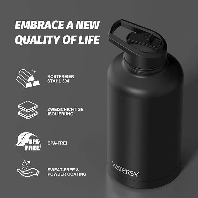 64oz Insulated Water Bottle (Cold for 48 Hrs),BPA Free&Leak Proof,Half Gallon Stainless Steel Water Flask,Water Jug with Straw Spout Lids for Gym,Hiking,Camping,Black