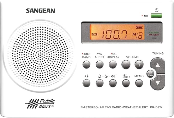 Sangean PR-D9W Portable AM/FM/NOAA Alert Radio with Built-in Battery Charger, White