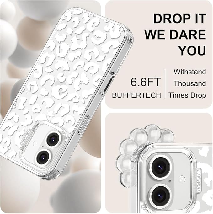 MOSNOVO Case for iPhone 16, [Buffertech 6.6ft Military-Grade Drop Protection] [Anti Peel Off Tech] Clear TPU Bumper Phone Case Cover Design - White Leopard Print
