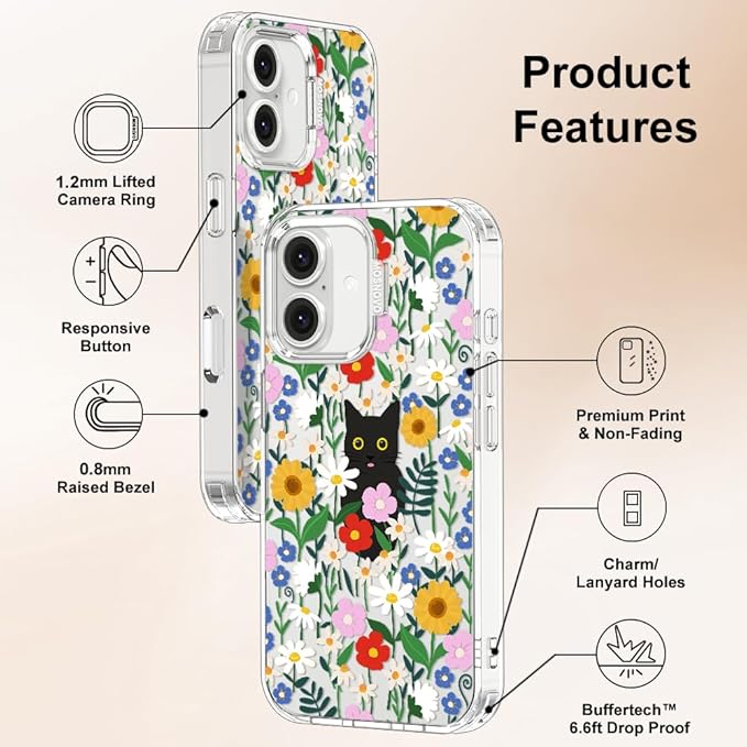 MOSNOVO Case for iPhone 16 Plus, [Buffertech 6.6ft Military-Grade Drop Protection] [Anti Peel Off Tech] Clear TPU Bumper Phone Case Cover Design - Black Cat in Garden