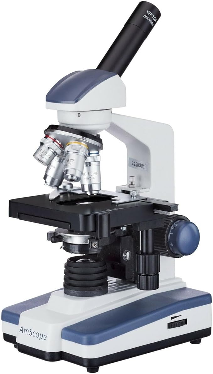 AmScope M620A Compound Monocular Microscope, WF10x and WF16x Eyepieces, 40x-1600x Magnification, Brightfield, LED Illumination, Abbe Condenser, Mechanical Stage, 110V