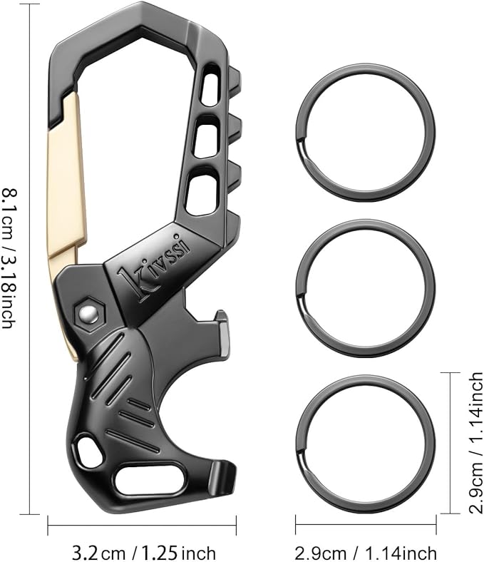 Kivssi Heavy duty metal keychains, Carabiner clip Car key chains,Fashion family keychain bottle opener and 3 Key Rings suitable for men and women.(Gold-2pcs
