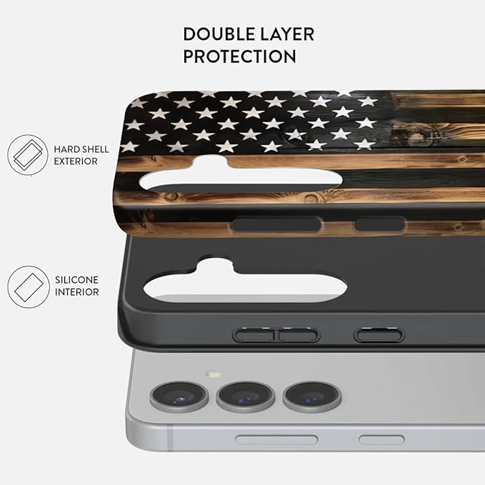 Compatible for Samsung Galaxy S26 Plus 5G Case, Dual Layer Heavy Duty 2 in 1 Shockproof Protective Phone Case,Burnt Wood American Flag