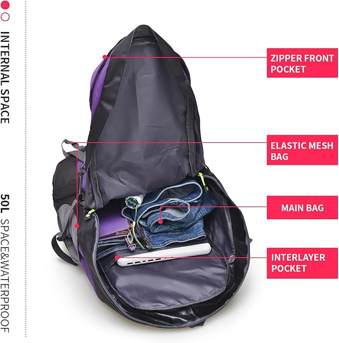 Bseash 50L Hiking Backpack, Water Resistant Lightweight Outdoor Sport Daypack Travel Bag for Camping Climbing Skiing Cycling (Purple - No Shoe Compartment)