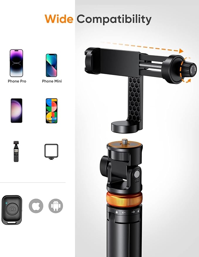 EUCOS 62" Phone Tripod, Tripod for iPhone & Selfie Stick with Remote, Extendable Cell Phone Stand & Ultimate Phone Holder, Solidest Phone Stand Compatible with iPhone/Android