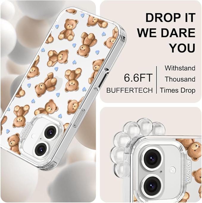 MOSNOVO for iPhone 16 Case, Shockproof Military-Grade Protection 6.6ft Drop Tested, Clear Phone Case for iPhone 16, Teddy Mood Design