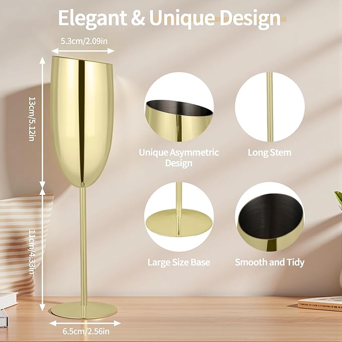 TJ Champagne Glasses Set of 2 Stainless Steel Champagne Flutes 8.5 oz Unbreakable Gold Champagne Glasses Reusable Indoor Outdoor Travel Drinkware for Party Wedding Christmas Anniversary Birthday