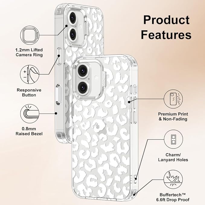 MOSNOVO Case for iPhone 16 Plus, [Buffertech 6.6ft Military-Grade Drop Protection] [Anti Peel Off Tech] Clear TPU Bumper Phone Case Cover Design - White Leopard Print
