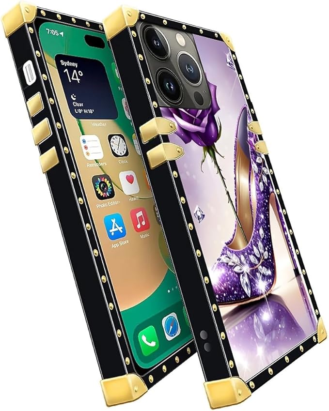 Compatible with iPhone 14 Pro Max Case, High Heeled Purple Diamond Rose Luxury Golden Decoration for Girl Women Soft TPU Shockproof Protective Hard PC Back for iPhone 14 Pro Max