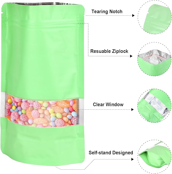 4"x6" 120pcs Mylar Bags for Food Storage,Smell Proof Bag with Matte Window Resealable Food Storage Bags for Small Business, Stand-up Foil Pouch Packaging Freeze Dried Candy Bag(Light Green)
