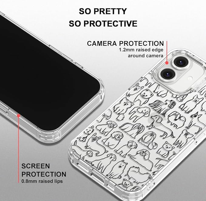 MOSNOVO Case for iPhone 16, [Buffertech 6.6ft Military-Grade Drop Protection] [Anti Peel Off Tech] Clear TPU Bumper Phone Case Cover Design - Doodle Dog