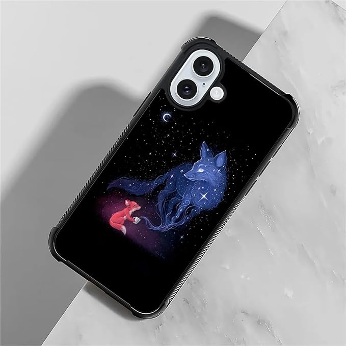 for iPhone 16 Case, Galaxy Fox Wolf Pattern Graphic Design Girl Boy Soft Silicone Hard Acrylic Shock Protection for iPhone 16