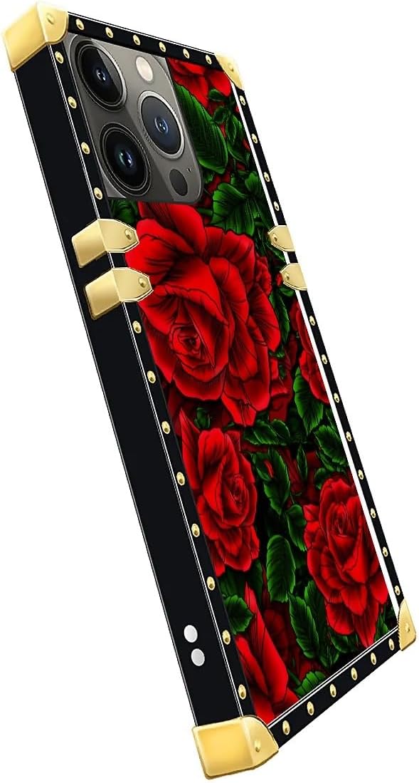 Compatible with iPhone 14 Pro Max Case, Vector Red Rose Green Leaf Luxury Golden Decoration for Girl Women Soft TPU Shockproof Protective Hard PC Back for iPhone 14 Pro Max