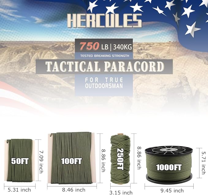 HERCULES 750lb Paracord 4mm 11 Strands Tactical Parachute Cord, 50' 100' 250' 1000' Utility Rope for Camping, Survival, Outdoor Gear (Army Green, 50FT)