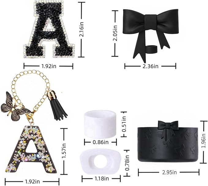MOTEERLLU 6pcs Black Stanley Cup Accessories Set, Bow Straw Topper for Stanley Cup 30oz 40oz, Including Straw Topper and Bow Silicone Boot, Stoppers Spill Proof, Handle Charm, Initials Sticker
