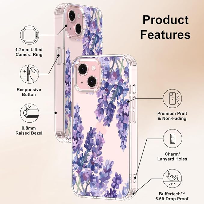 MOSNOVO Case for iPhone 15, [Buffertech 6.6ft Military-Grade Drop Protection] [Anti Peel Off Tech] Clear TPU Bumper Phone Case Cover Design - Lavender