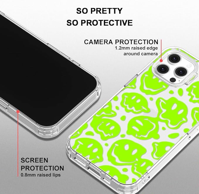 MOSNOVO Case for iPhone 12 & iPhone 12 Pro, [Buffertech 6.6ft Military-Grade Drop Protection] [Anti Peel Off Tech] Clear TPU Bumper Phone Case Cover Design - Distorted Green Smiles Face