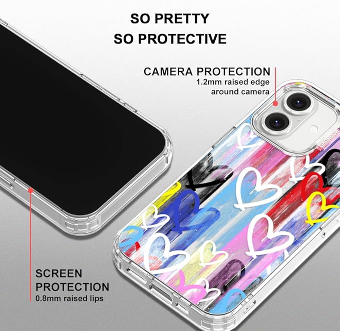 MOSNOVO for iPhone 16 Plus Case, Shockproof Military-Grade Protection 6.6ft Drop Tested, Clear Phone Case for iPhone 16 Plus, Graffiti Hearts Design