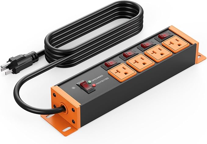 CCCEI Heavy Duty Surge Protector Power Strip 20 Amp Individual Switches. 6FT 12 Gauge Extension Cord with Multiple Outlets. Kitchen, Garage, Shop, Industrial Wall Mount Electric Extender, Orange.