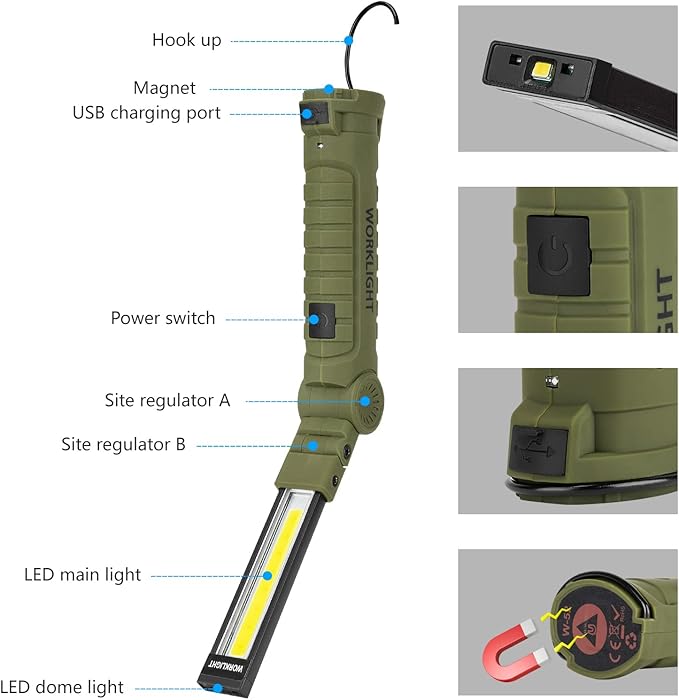 Lmaytech Men Tools for Christmas Birthday Gift 2 Packs LED Rechargeable Work Light Flashlights, 360°Rotate 5 Modes,Gifts for Men Him Dad Handyman for Car Repair, Grill and Outdoor