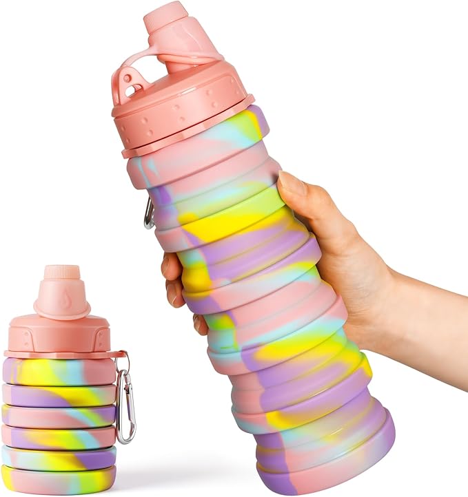Collapsible Water Bottles for Travel, Foldable Sports Water Bottle for Kids, Reusable Water-proof Silicone Water Bottles with mountaineering Buckle for Camping Hiking Holiday