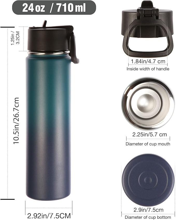 Volhoply 24oz Insulated Water Bottle With Straw Bulk 3 Pack,Metal Wide Mouth Water Bottles With Handle Keep Cold,Reusable Double Wall Cups,Powder Coated Sport Bottle For Holder(Assorted,3 Count)