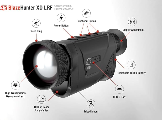 ATN BlazeHunter XD 1280x1024 Thermal Monocular 2–16x, 1280×1024 Sensor w/SharpIR AI, 1000m Laser Rangefinder, 1920x1080 OLED, Wi-Fi, 32GB, IP67