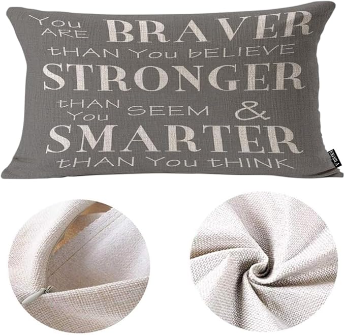 EKOBLA Decorative Pillow Cushion Covers Inspirational Life Quotes You are Braver Than You Believe Waist Rectangle Throw Pillow Case Cotton Linen for Men Women Sofa Home Decoration 12x20 Inches