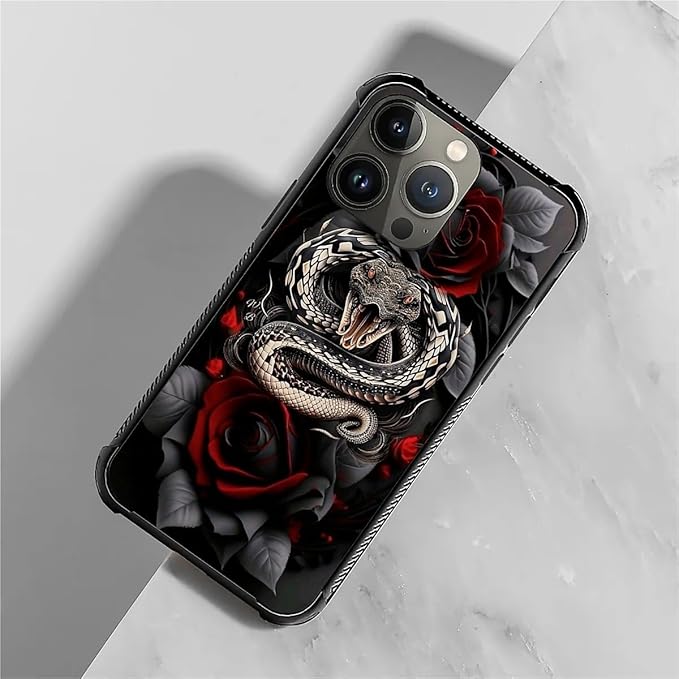 for iPhone 14 Pro Case, Entwined Rose Snake Pattern Graphic Design Girl Boy Soft Silicone Hard Acrylic Shock Protection for iPhone 14 Pro