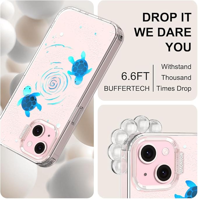 MOSNOVO Case for iPhone 15, [Buffertech 6.6ft Military-Grade Drop Protection] [Anti Peel Off Tech] Clear TPU Bumper Phone Case Cover Design - Space Turtle